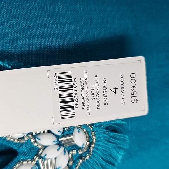 Chico's Peacock Blue 100% Linen w Embellished Neckline Glam Relaxed Short Dress - Picture 6 of 15